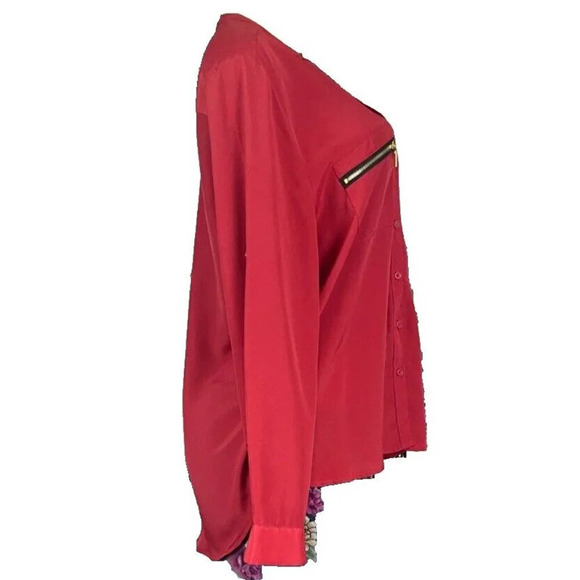 Harve Bernard XL Tomato Red Button Split Neckline Zip Pockets Long Sleeve Blouse - Picture 5 of 6